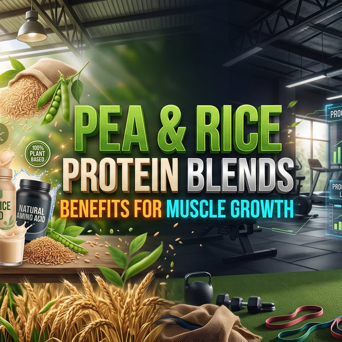 Pea & Rice Protein Blends for Muscle Growth," showing a natural pea farm merged with a gym setting and an athletic man holding a protein shaker.