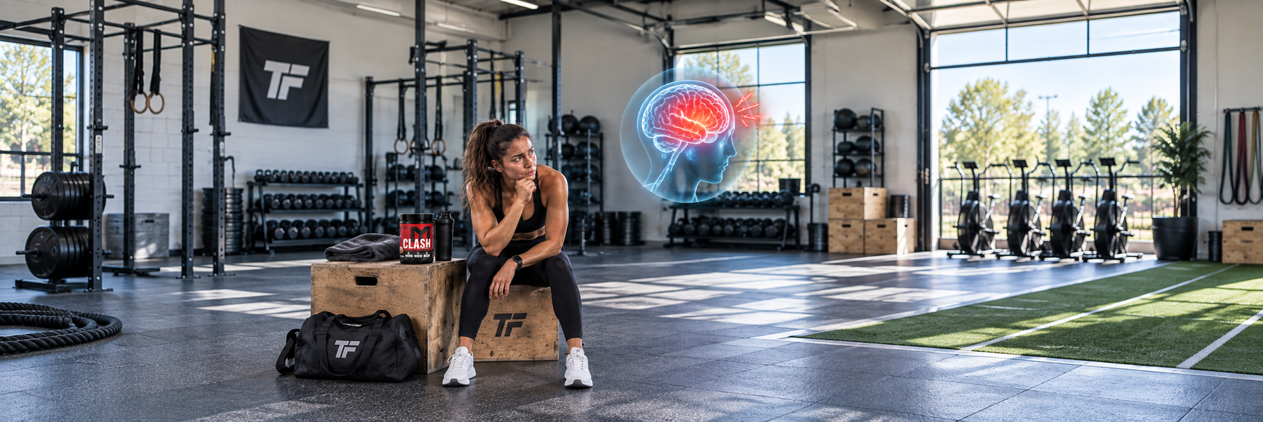 Athlete sitting in a gym with MTS Clash pre-workout and a brain graphic illustrating possible anxiety from pre-workout supplements.