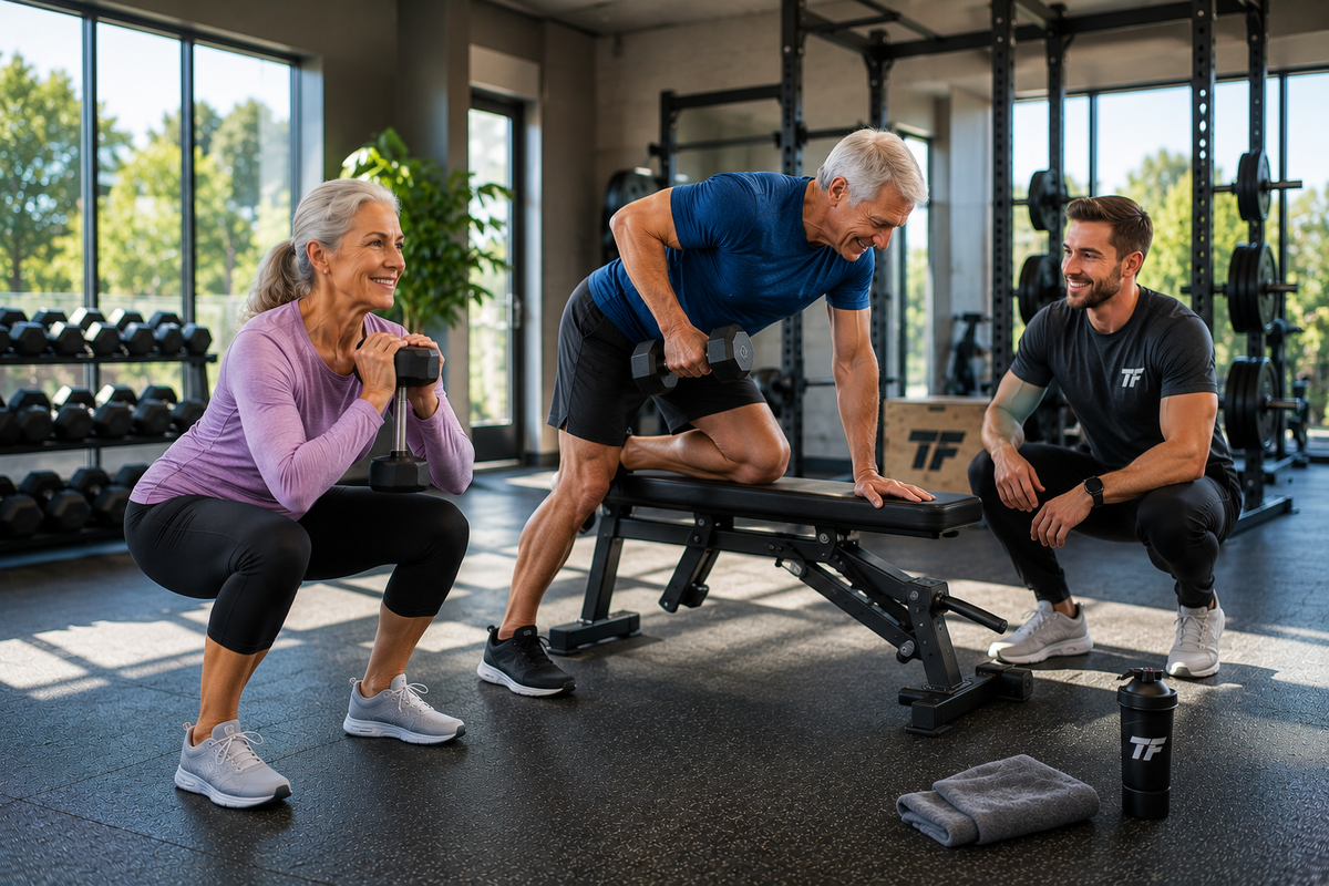Older man and woman performing dumbbell strength exercises with a trainer in a gym as part of a three-day-per-week senior strength training program.