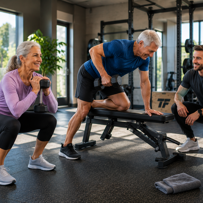 Older man and woman performing dumbbell strength exercises with a trainer in a gym as part of a three-day-per-week senior strength training program.