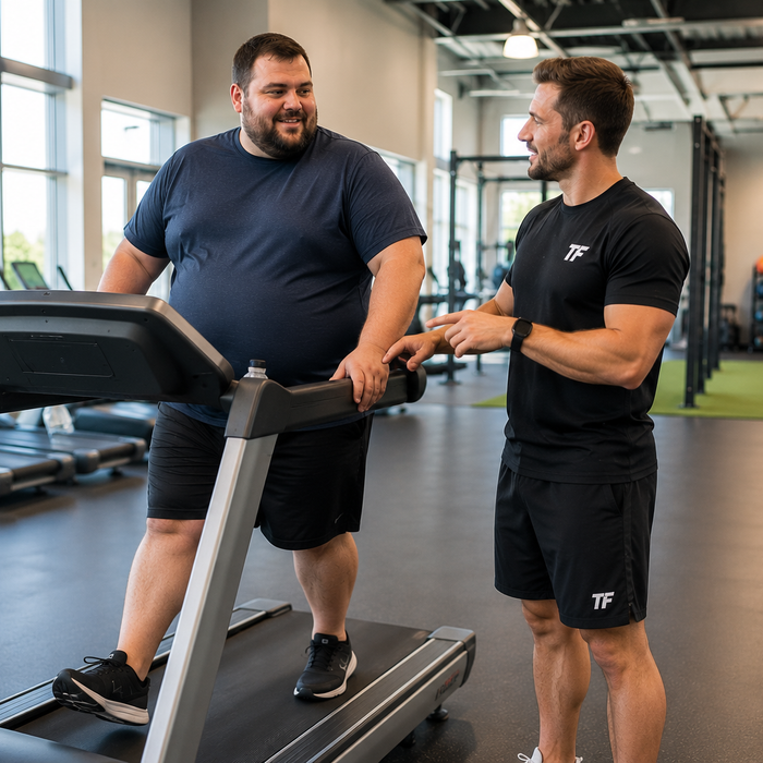Overweight male beginner walking on a treadmill while a personal trainer provides guidance in a bright modern gym
