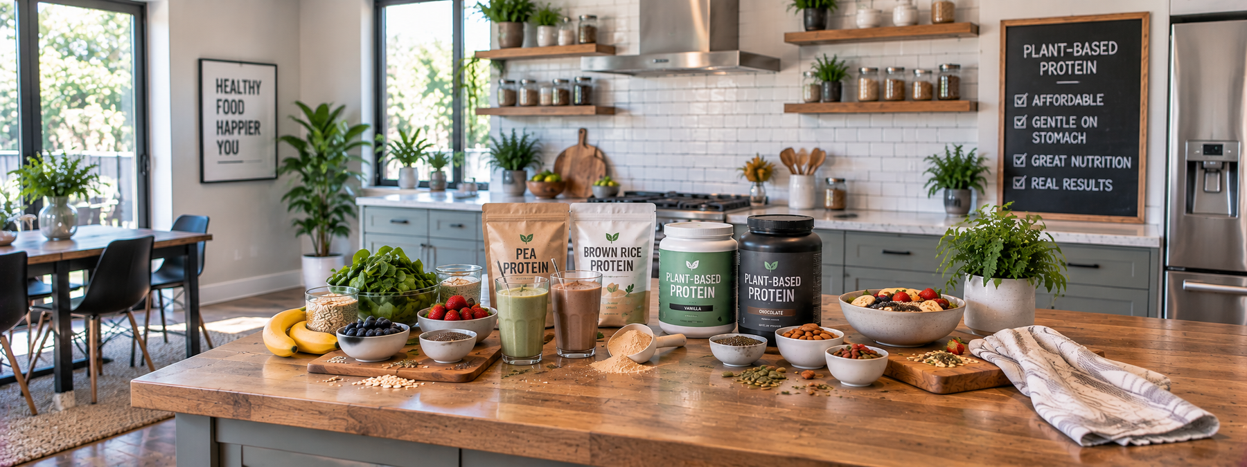 Plant-based protein powders with smoothies, fruit, greens, oats, nuts, and seeds displayed in a bright kitchen for a sensitive-stomach protein guide.