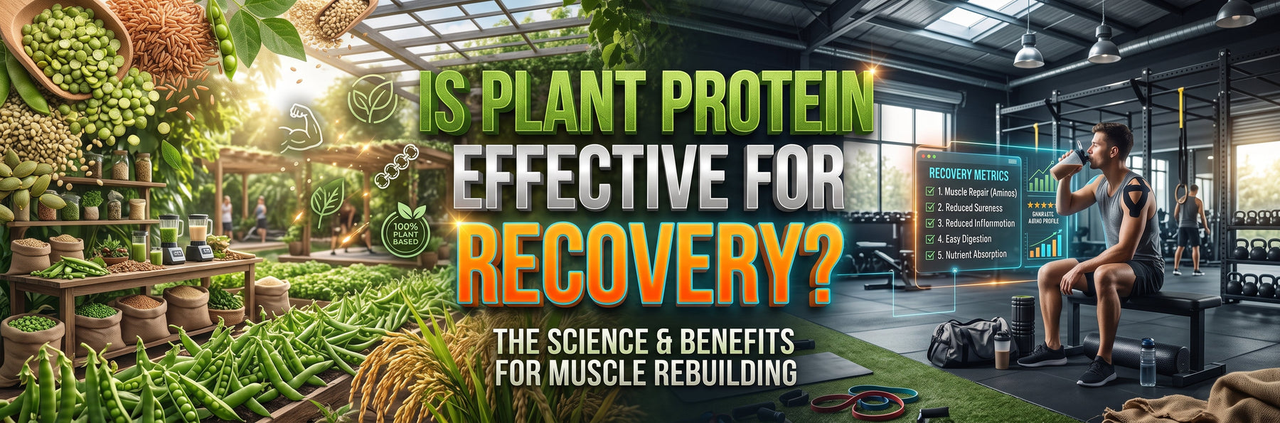 "Is Plant Protein Effective for Recovery?" featuring a sunlit plant-based farm with fresh peas and grains on the left, transitioning into a gym on the right where an athlete drinks a protein shake alongside a digital recovery checklist.