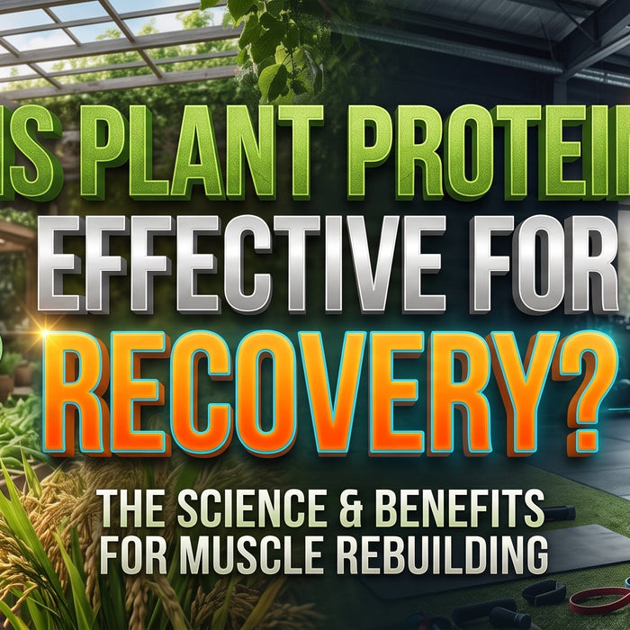 "Is Plant Protein Effective for Recovery?" featuring a sunlit plant-based farm with fresh peas and grains on the left, transitioning into a gym on the right where an athlete drinks a protein shake alongside a digital recovery checklist.