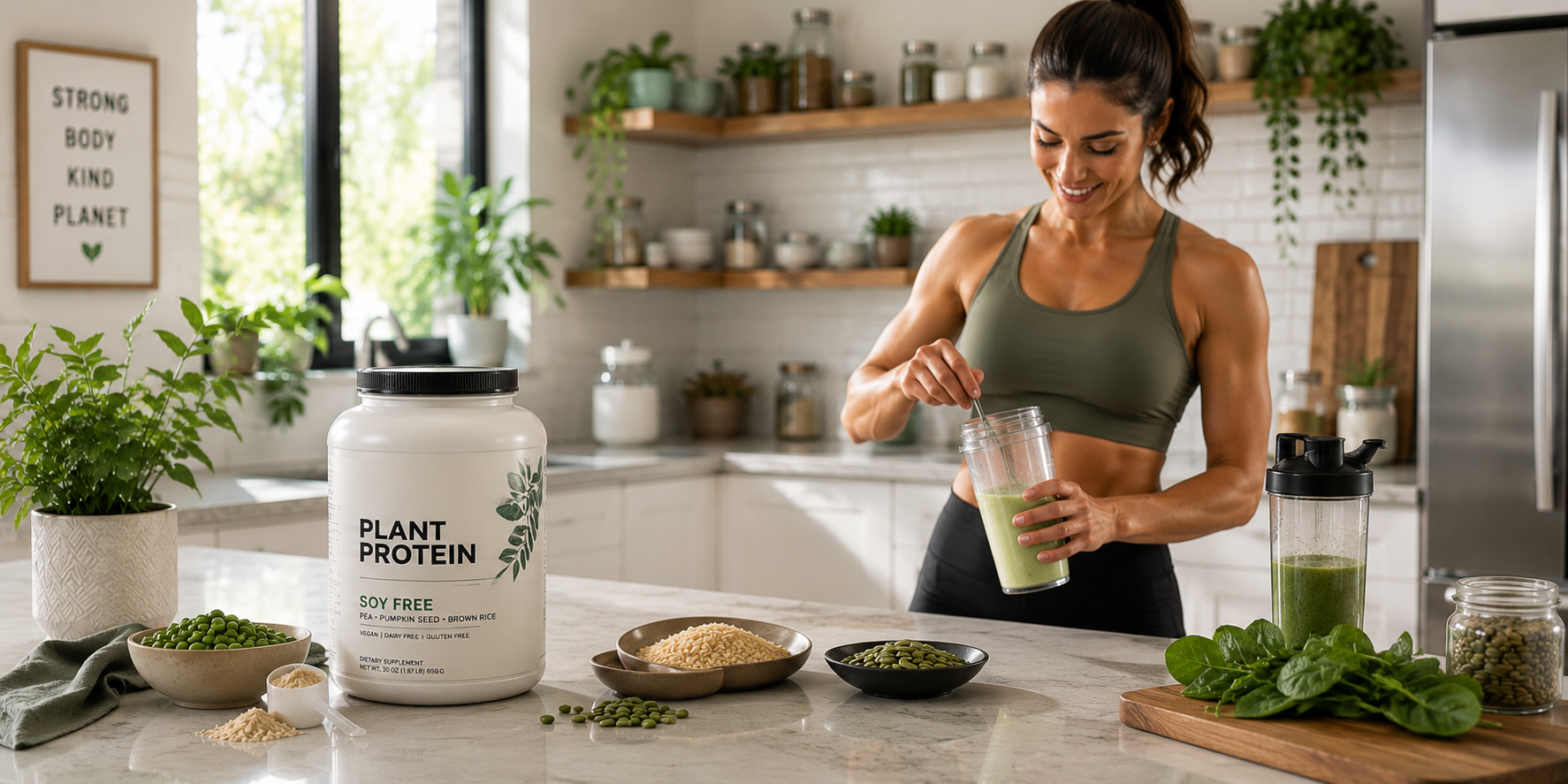 Athletic woman preparing a soy-free vegan protein shake in a bright kitchen with plant protein powder and plant-based ingredients.