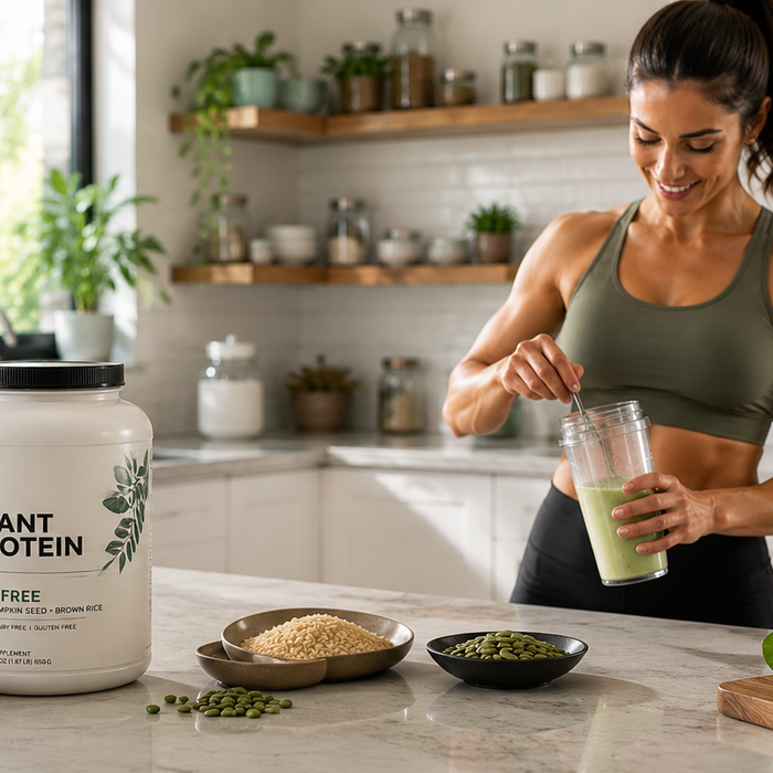 Athletic woman preparing a soy-free vegan protein shake in a bright kitchen with plant protein powder and plant-based ingredients.
