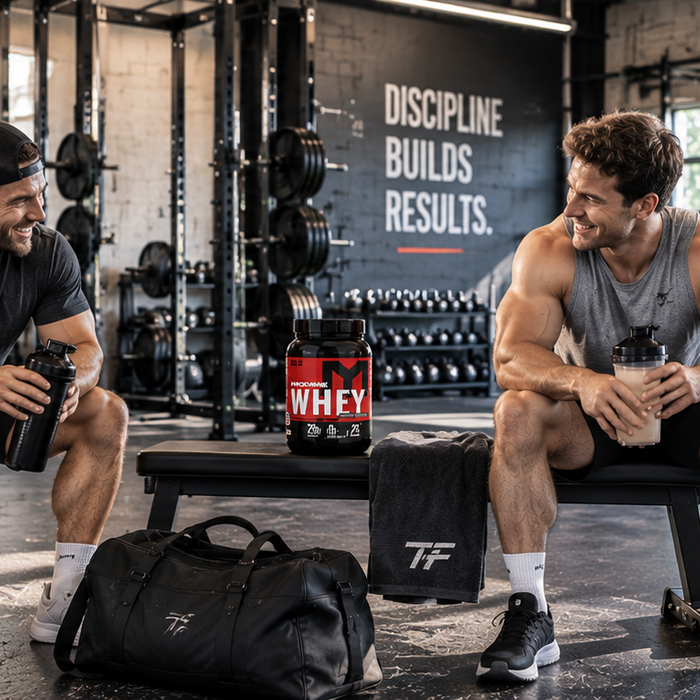 Two muscular men relaxing after a workout with Machine Whey protein and shakes in a bright Tiger Fitness gym