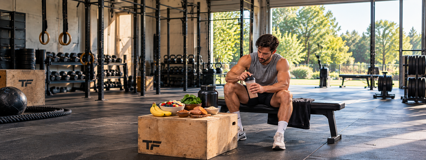 Muscular man preparing a protein shake in a sunlit gym, surrounded by natural muscle recovery foods, supplements, and TF-branded gym equipment.