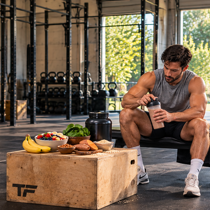 Muscular man preparing a protein shake in a sunlit gym, surrounded by natural muscle recovery foods, supplements, and TF-branded gym equipment.