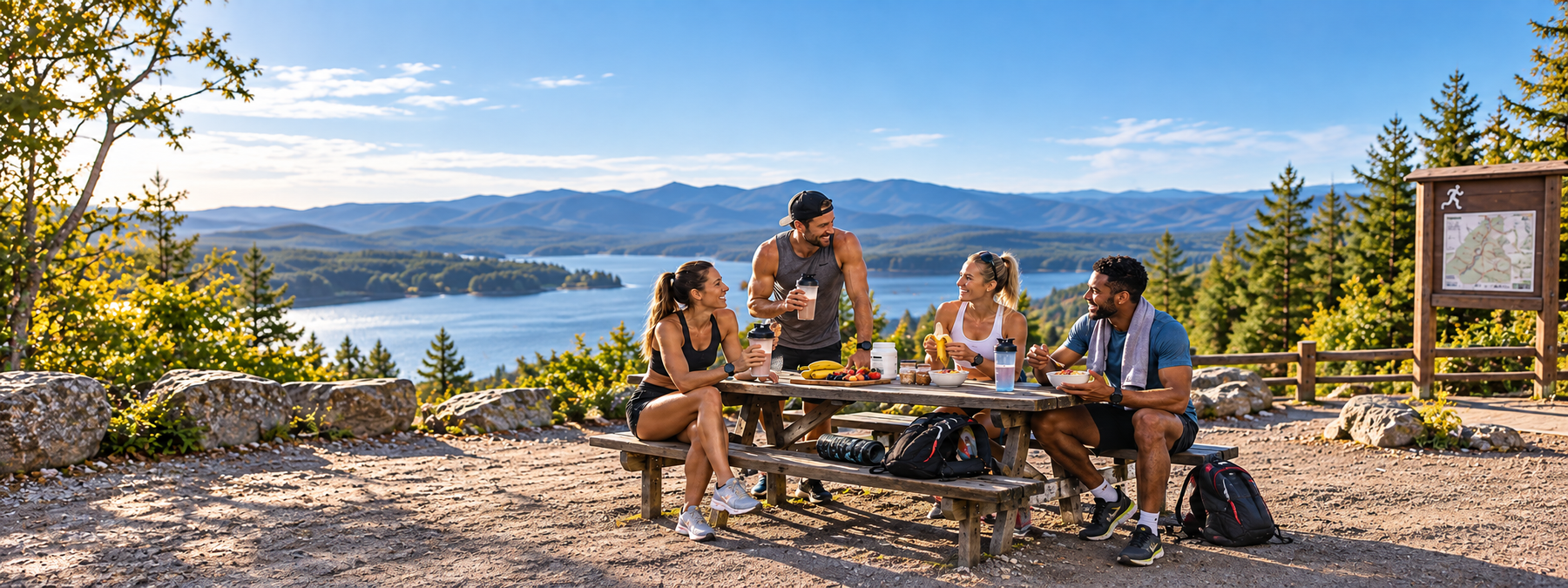 Endurance athletes refueling with protein shakes, fruit, and post-workout meals after training at a scenic outdoor trail.