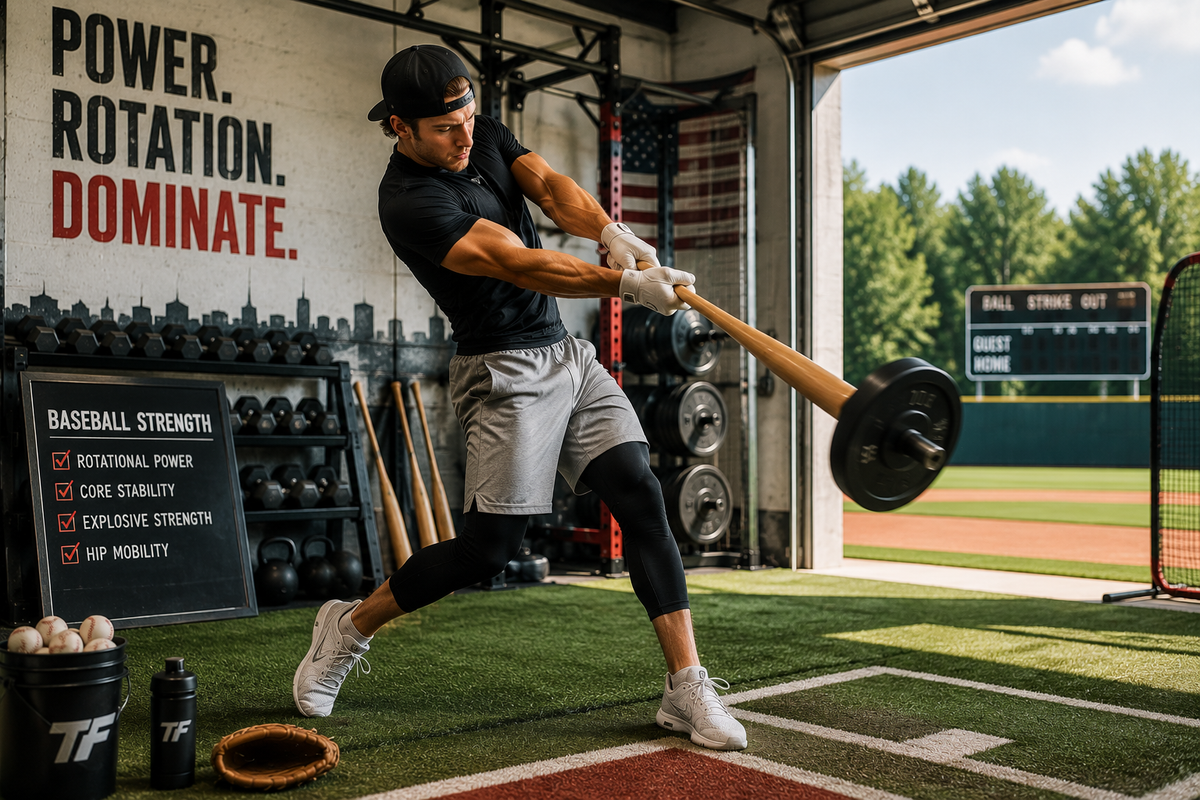 Baseball player swinging a weighted bat during a rotational power and strength workout