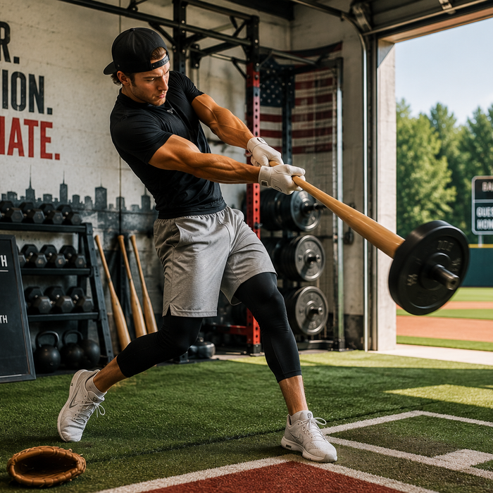 Baseball player swinging a weighted bat during a rotational power and strength workout