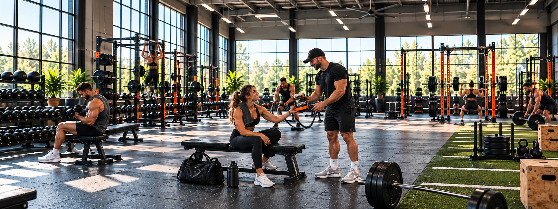 Man handing a pre-workout supplement to a woman in a gym while other athletes lift weights and train, illustrating how to use pre-workout for better training performance.