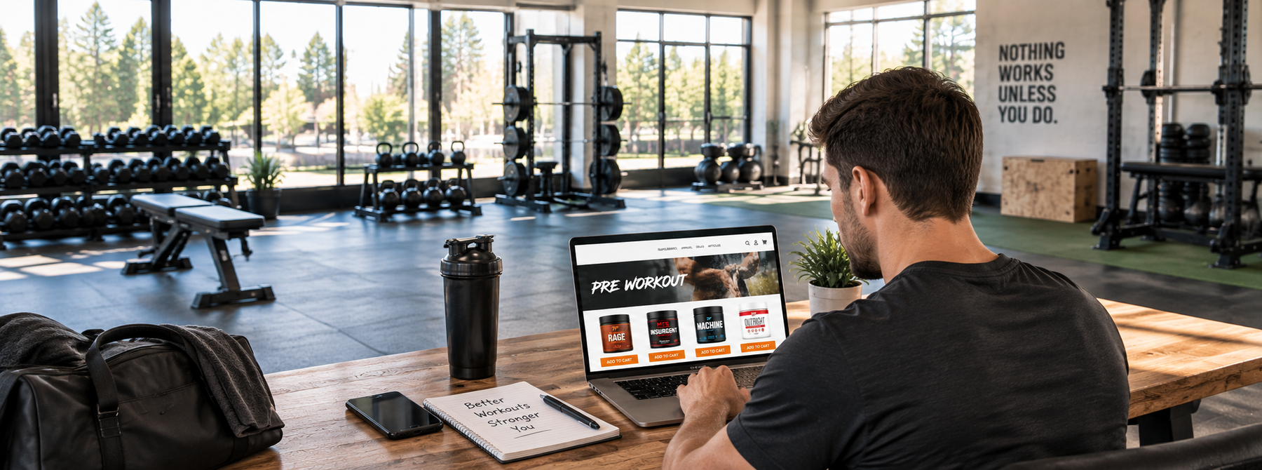 Man shopping for pre-workout supplements online from a laptop in a bright, modern gym.