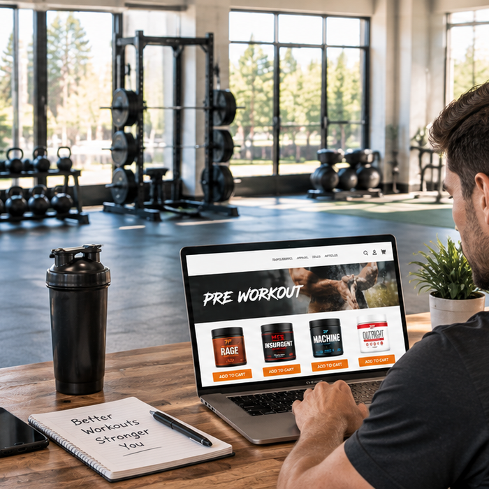 Man shopping for pre-workout supplements online from a laptop in a bright, modern gym.