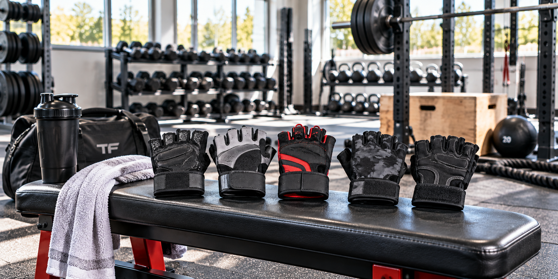 Gym gloves ranked by grip and padding displayed on a workout bench in a gym