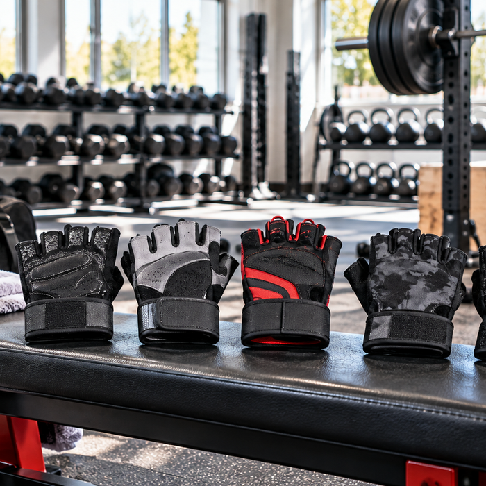 Gym gloves ranked by grip and padding displayed on a workout bench in a gym