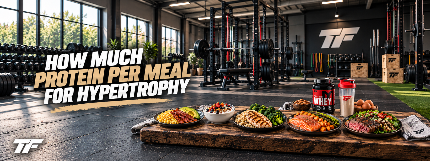 Tiger Fitness blog banner showing high-protein meals including chicken, salmon, steak, eggs, and yogurt alongside whey protein powder in a gym setting, highlighting protein intake per meal for muscle hypertrophy.