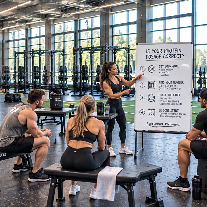 Fitness coach teaching gym members how to calculate the correct protein dosage based on individual fitness goals.