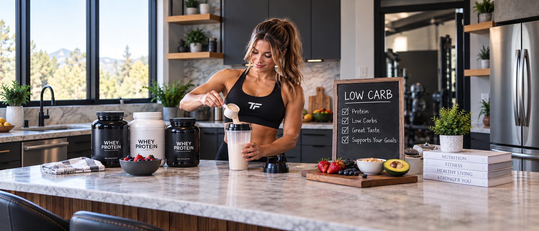 Fit woman preparing a whey protein shake in a bright kitchen with low-carb foods and protein powders, highlighting low-carb whey protein options