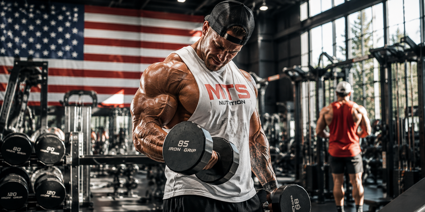 Muscular athlete performing a heavy dumbbell curl in a gym with an American flag in the background.