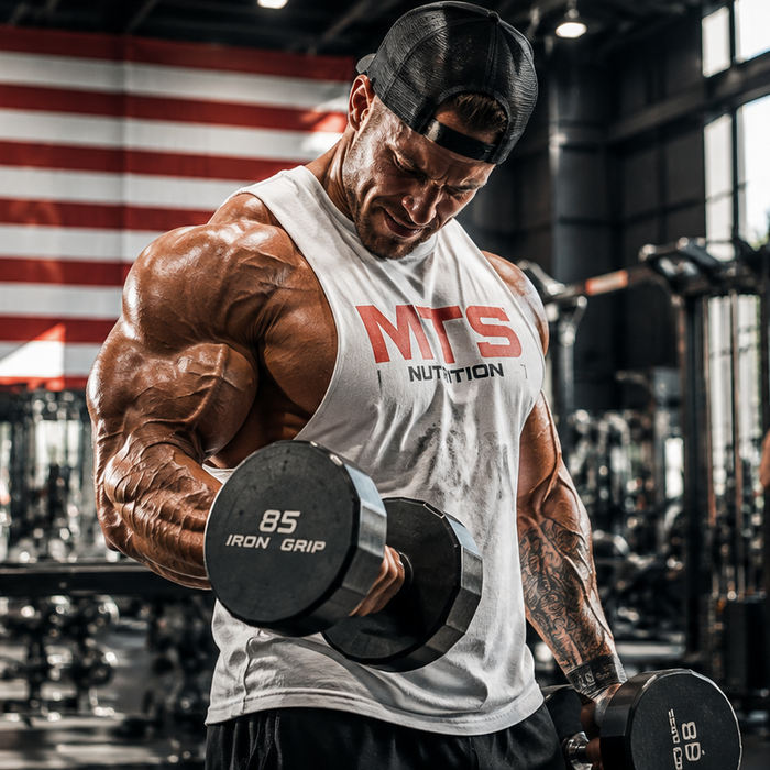 Muscular athlete performing a heavy dumbbell curl in a gym with an American flag in the background.