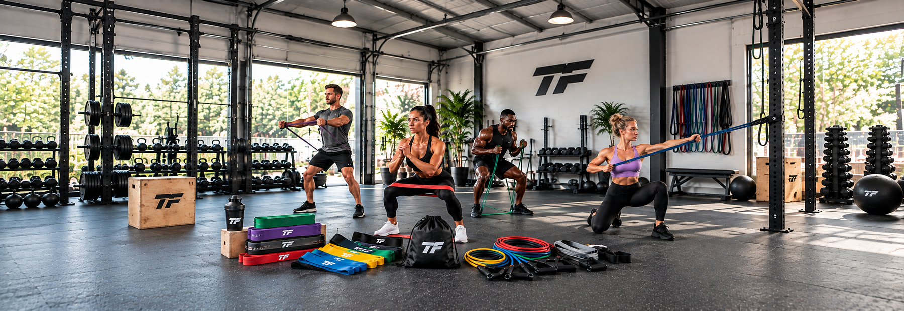 Athletes performing strength exercises with resistance bands in a gym, with multiple band styles and resistance levels displayed.
