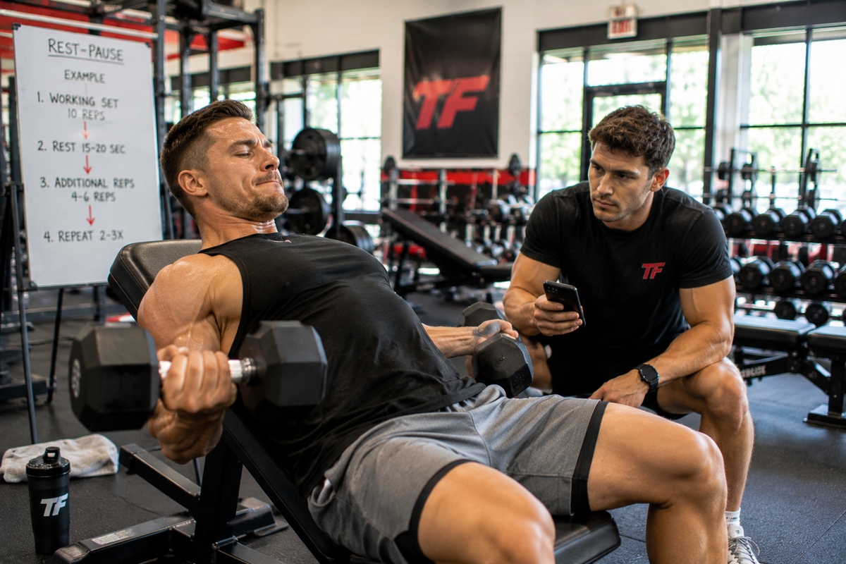 Male athlete performing a rest-pause chest press while a training partner times the short recovery period.