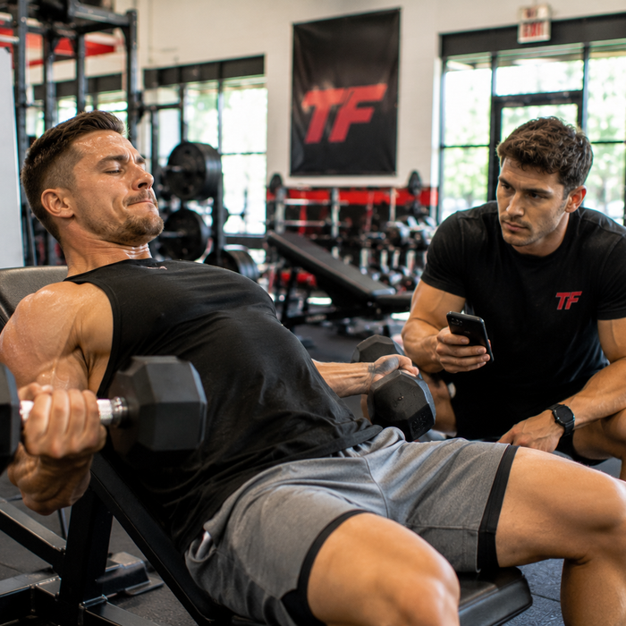 Male athlete performing a rest-pause chest press while a training partner times the short recovery period.