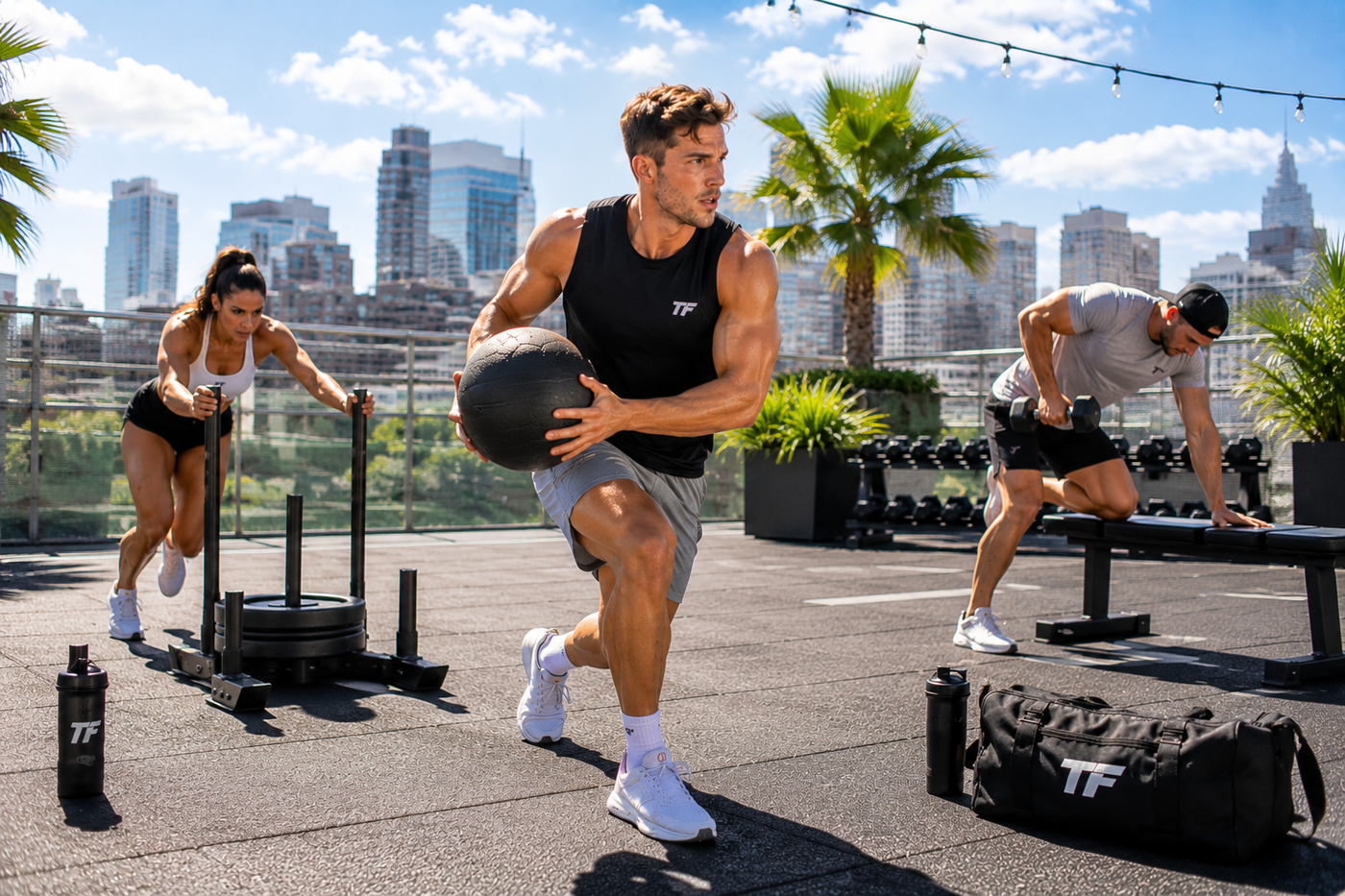 Group of athletes performing a summer strength and conditioning circuit at an outdoor rooftop gym.