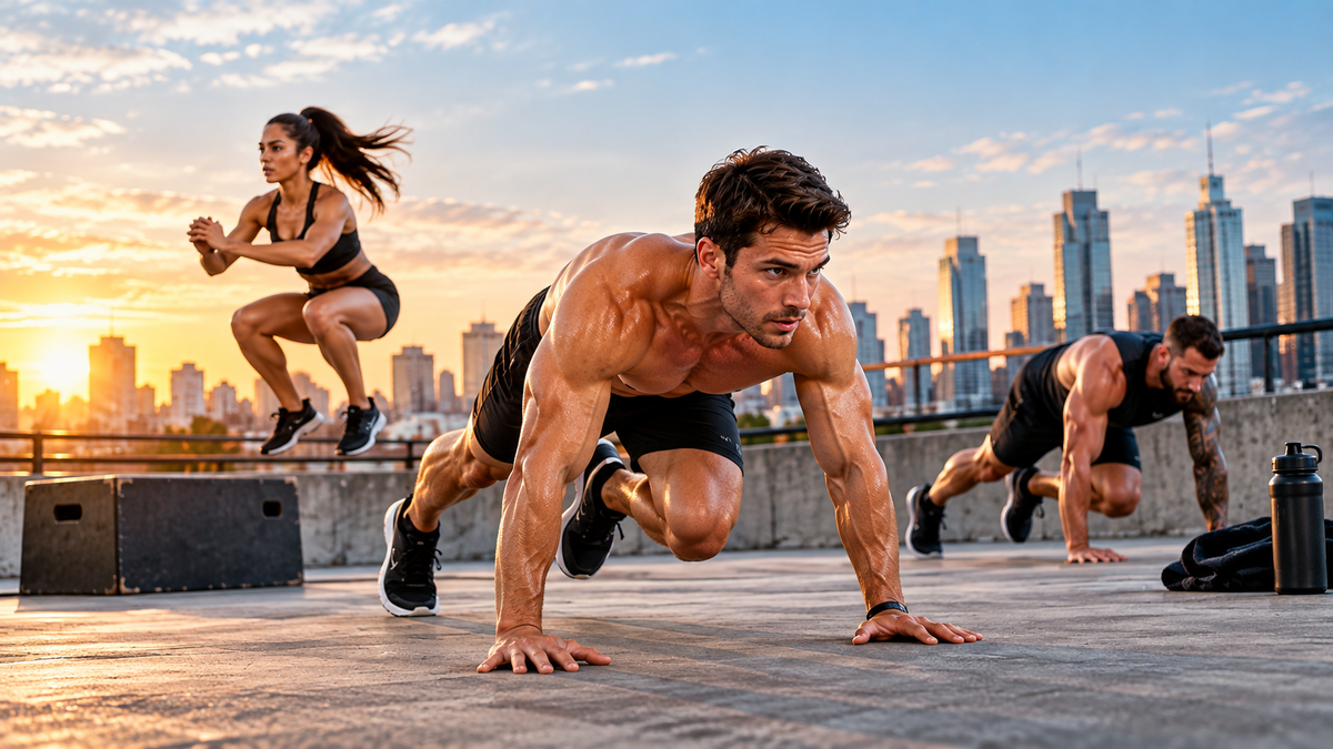 Athletes performing bodyweight exercises during an athletic conditioning workout