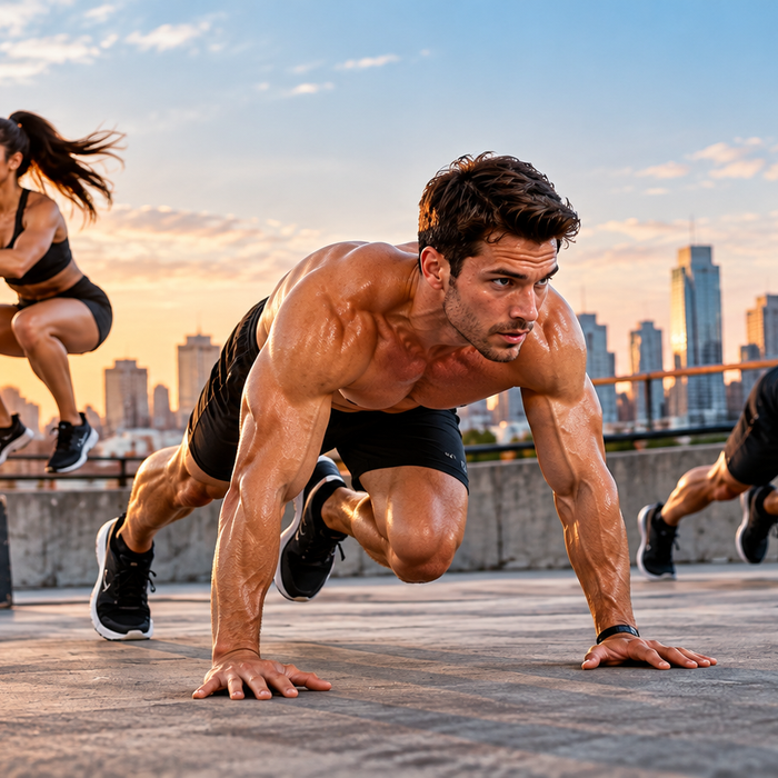 Athletes performing bodyweight exercises during an athletic conditioning workout