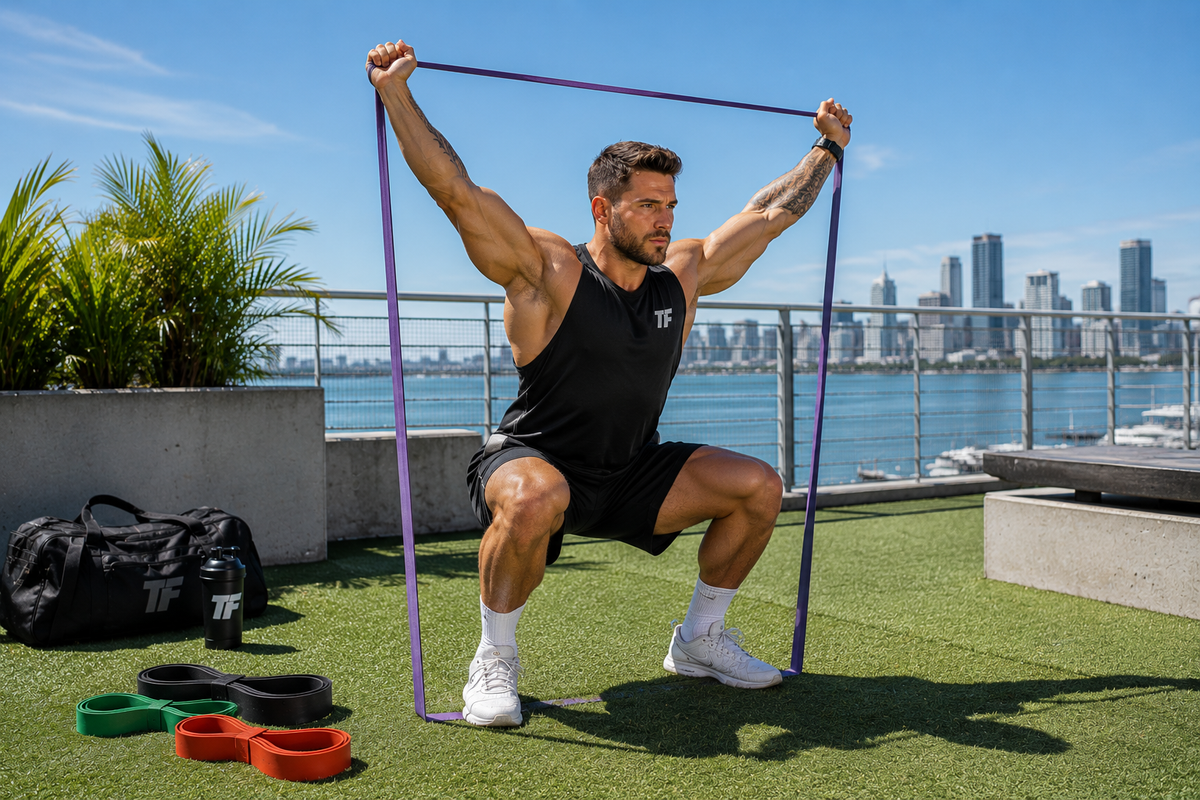 Rooftop Resistance Band Squat by the Water