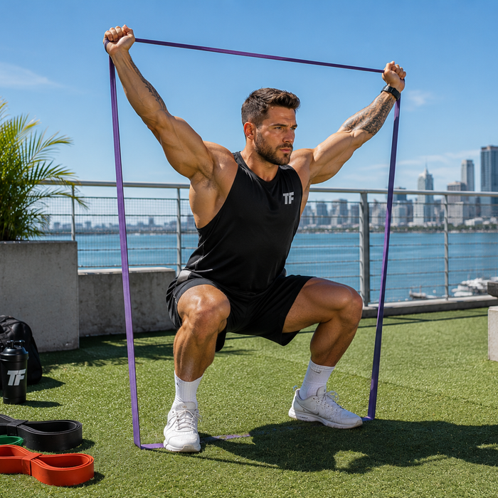 Rooftop Resistance Band Squat by the Water