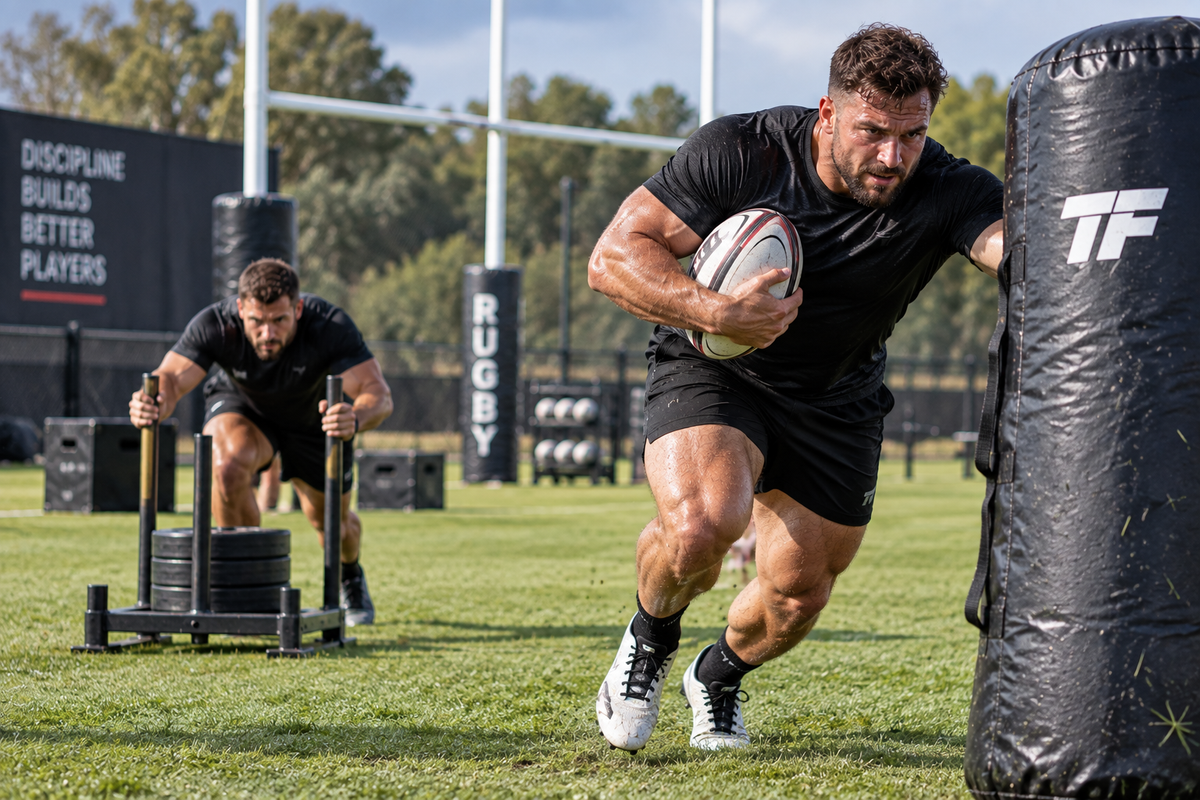 Rugby athlete driving into a tackle pad with the ball while another athlete pushes a weighted sled during an outdoor strength training workout.