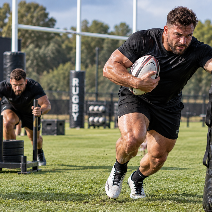 Rugby athlete driving into a tackle pad with the ball while another athlete pushes a weighted sled during an outdoor strength training workout.