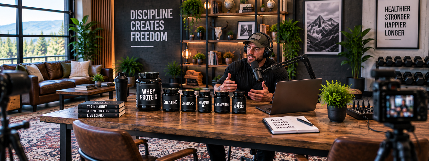 Podcast host discussing a supplement stack with whey protein, creatine, omega-3, vitamin D3, magnesium, and joint support in a modern studio.