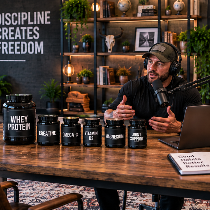Podcast host discussing a supplement stack with whey protein, creatine, omega-3, vitamin D3, magnesium, and joint support in a modern studio.