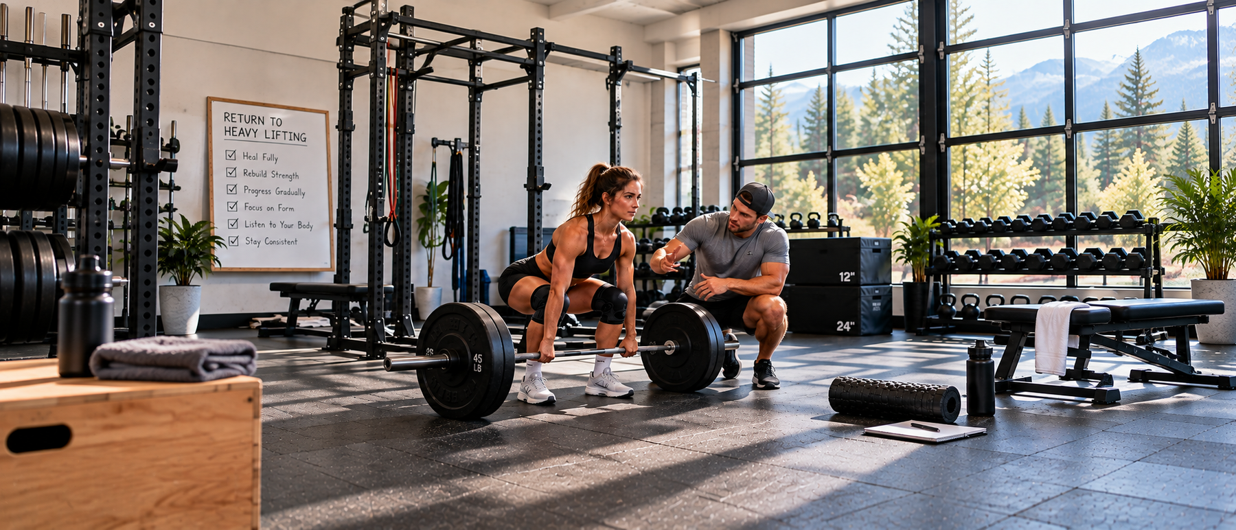 Athletic woman practicing proper deadlift form with guidance from a personal trainer in a gym, demonstrating how to safely return to heavy lifting after injury recovery.