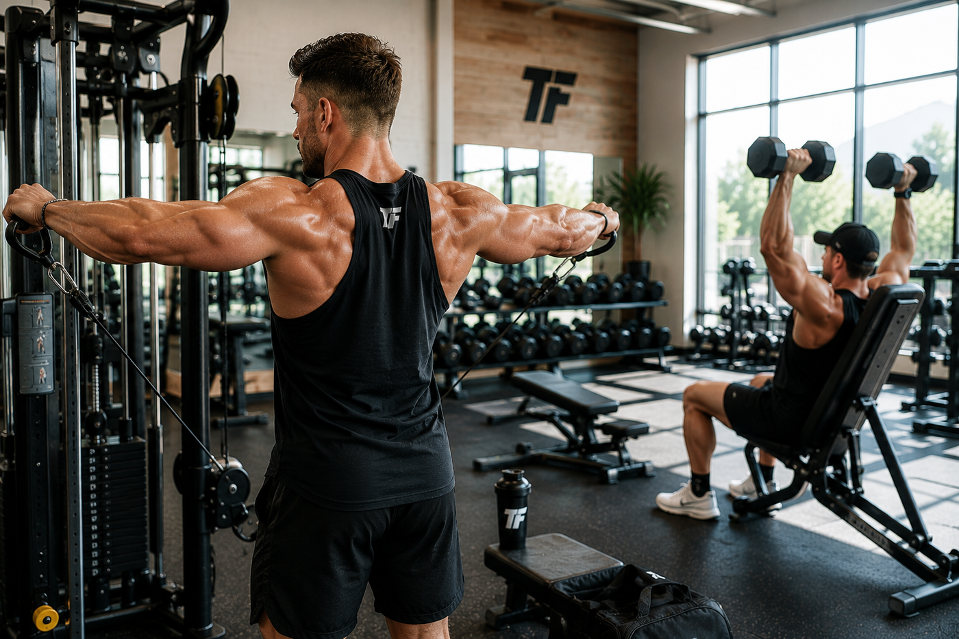 Muscular man performing cable lateral raises while another lifter does seated dumbbell shoulder presses in a bright gym.