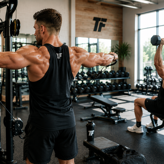 Muscular man performing cable lateral raises while another lifter does seated dumbbell shoulder presses in a bright gym.