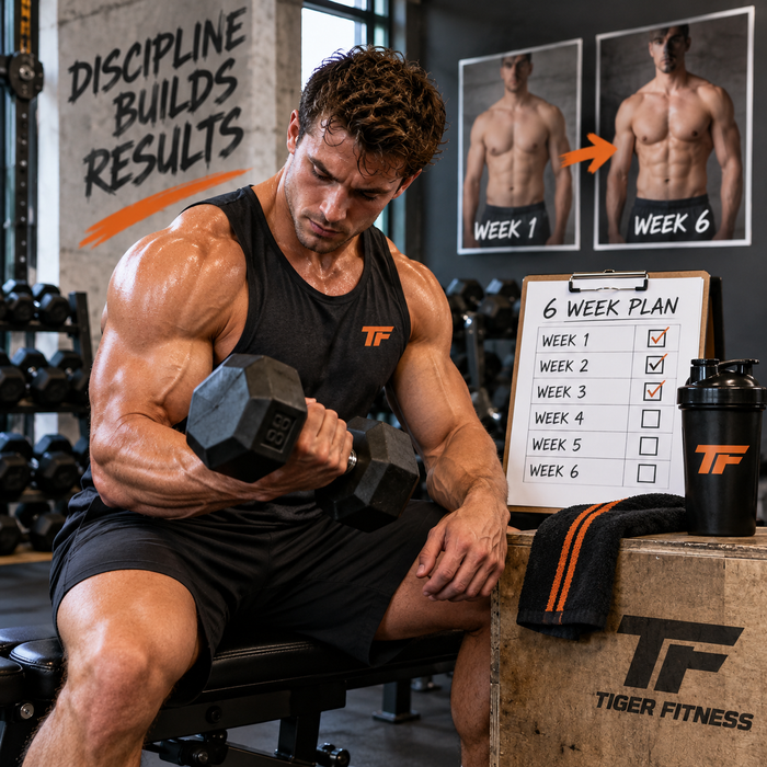 Muscular man performing a dumbbell curl in a Tiger Fitness gym beside a six-week workout checklist and visual progress photos representing a lean muscle transformation.