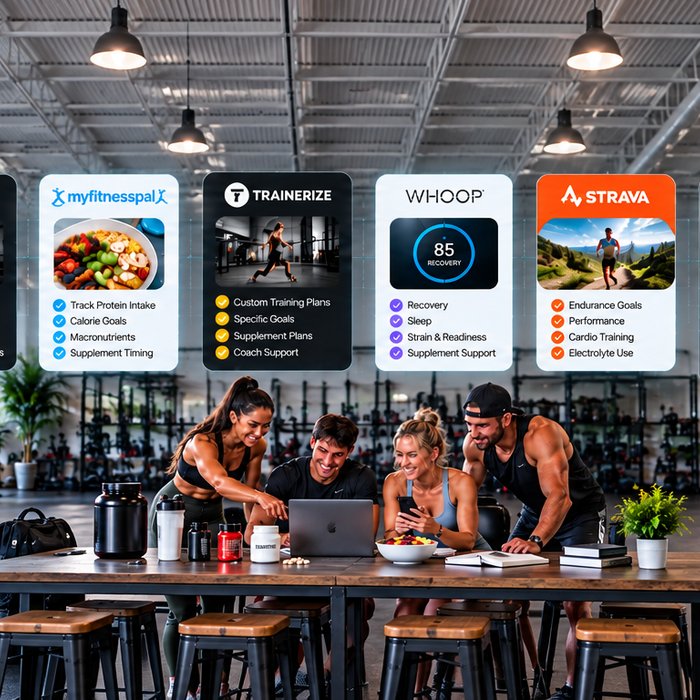 Four fitness enthusiasts using training apps in a modern gym, featuring Fitbod, MyFitnessPal, Trainerize, WHOOP, Strava, and Garmin to track workouts, nutrition, recovery, and supplement goals.
