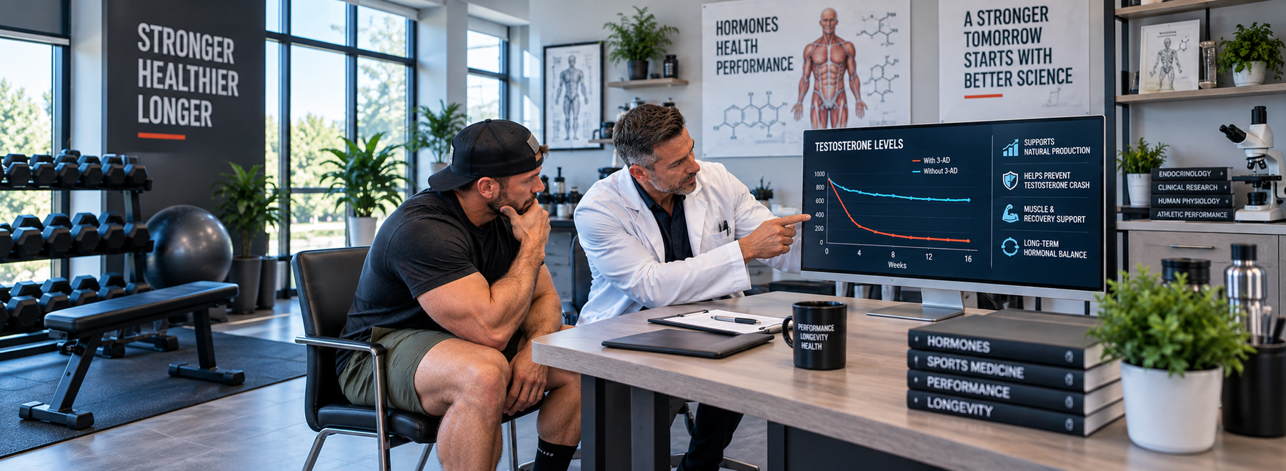 Doctor reviewing testosterone levels and hormone recovery data with an athlete in a performance health clinic.