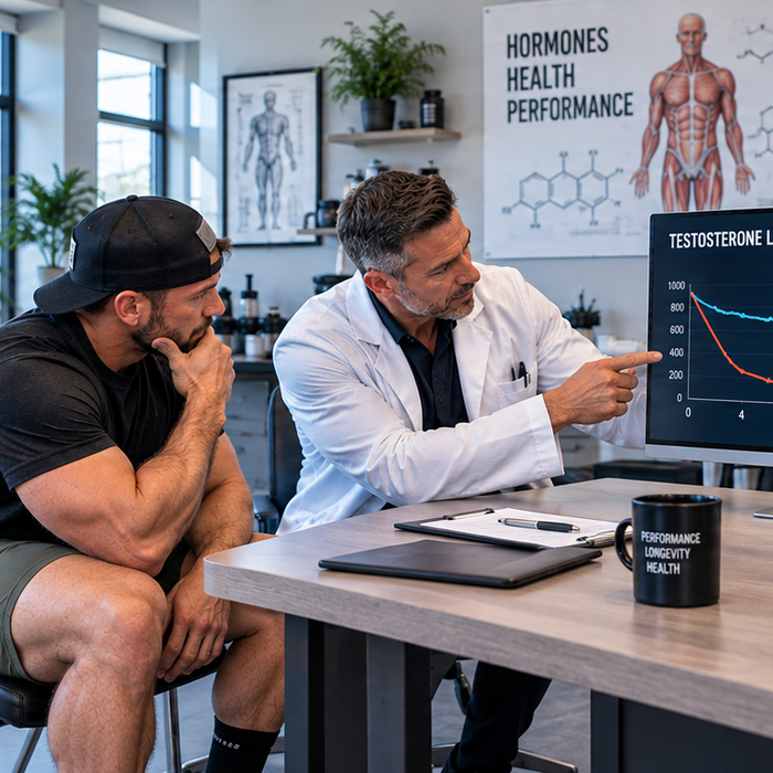 Doctor reviewing testosterone levels and hormone recovery data with an athlete in a performance health clinic.