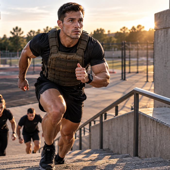 Police academy trainees sprinting up outdoor stairs during a strength and conditioning workout, with one athlete wearing a weighted vest. Tiger FItness
