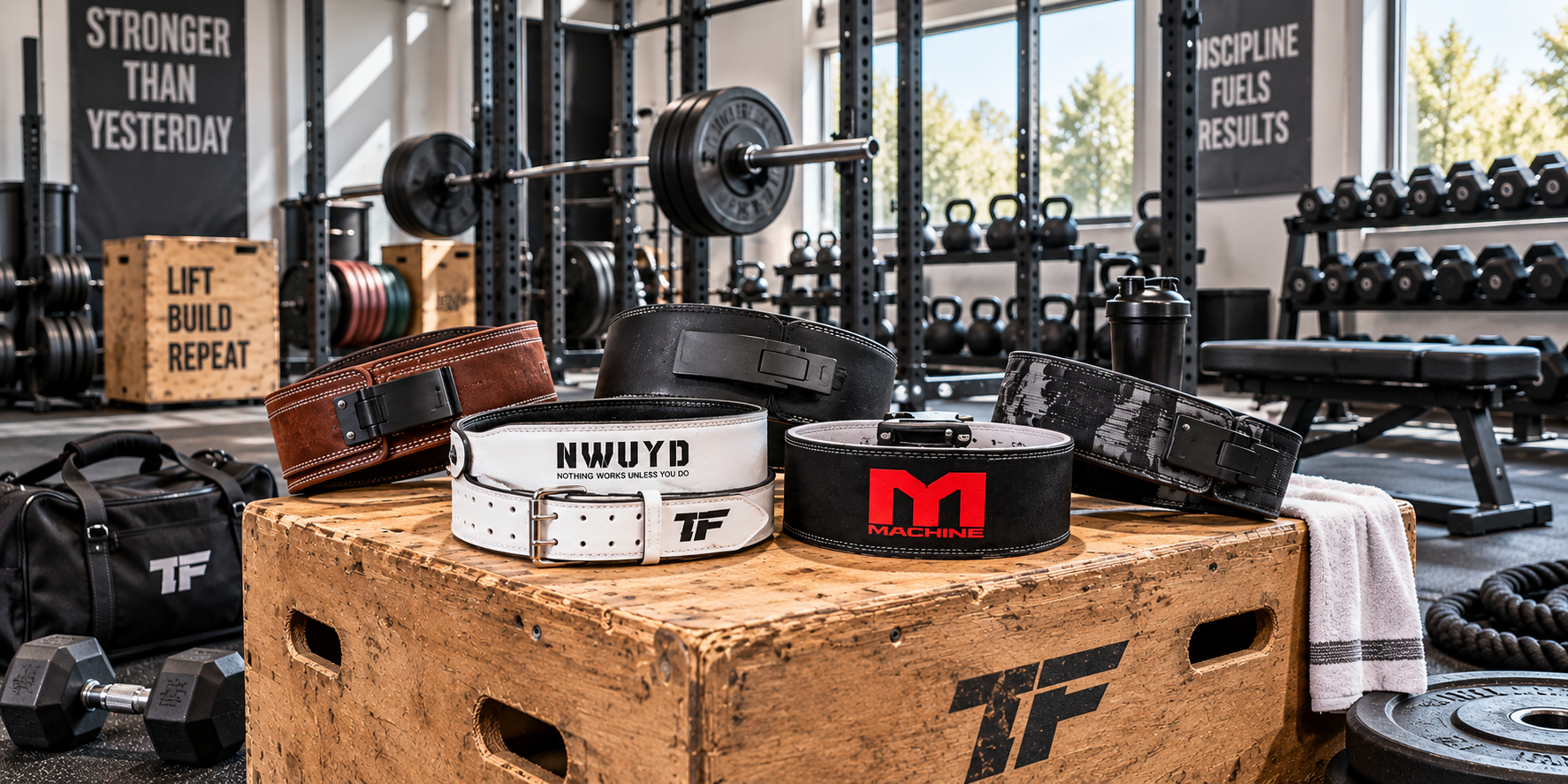 Weightlifting belts ranked by thickness and material displayed in a strength training gym
