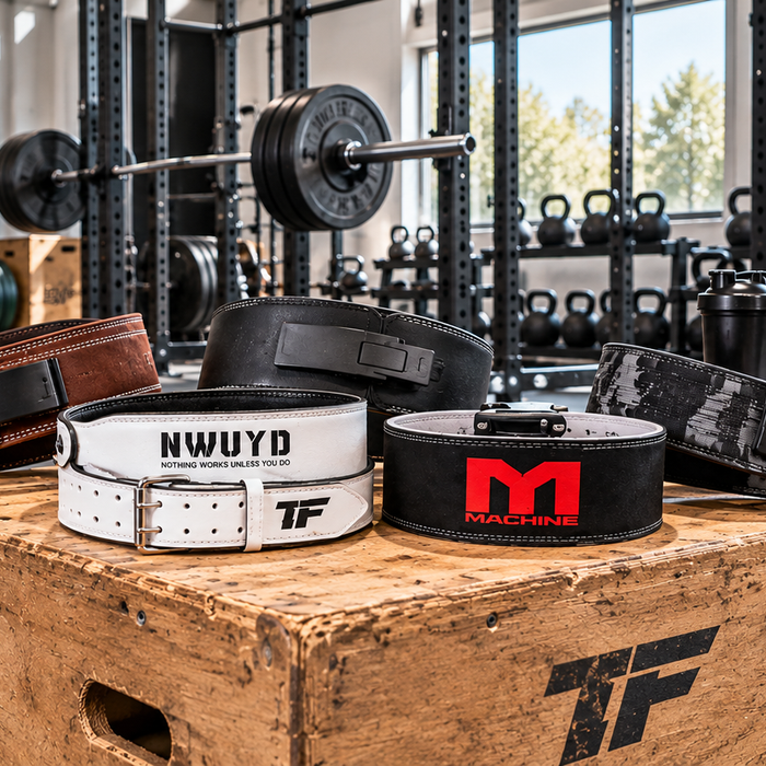 Weightlifting belts ranked by thickness and material displayed in a strength training gym