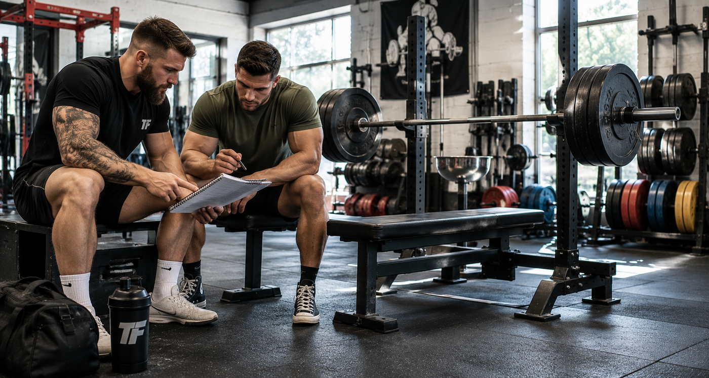 Two muscular men reviewing a training plan beside a loaded bench press in a bright strength gym.