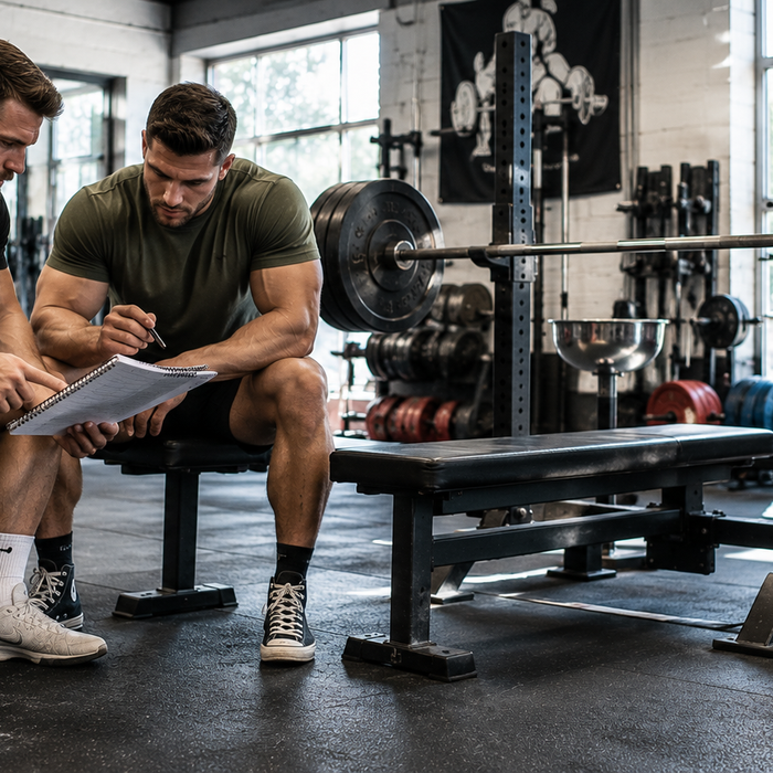 Two muscular men reviewing a training plan beside a loaded bench press in a bright strength gym.